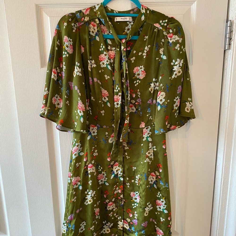 Mango floral dress with neck tie - s